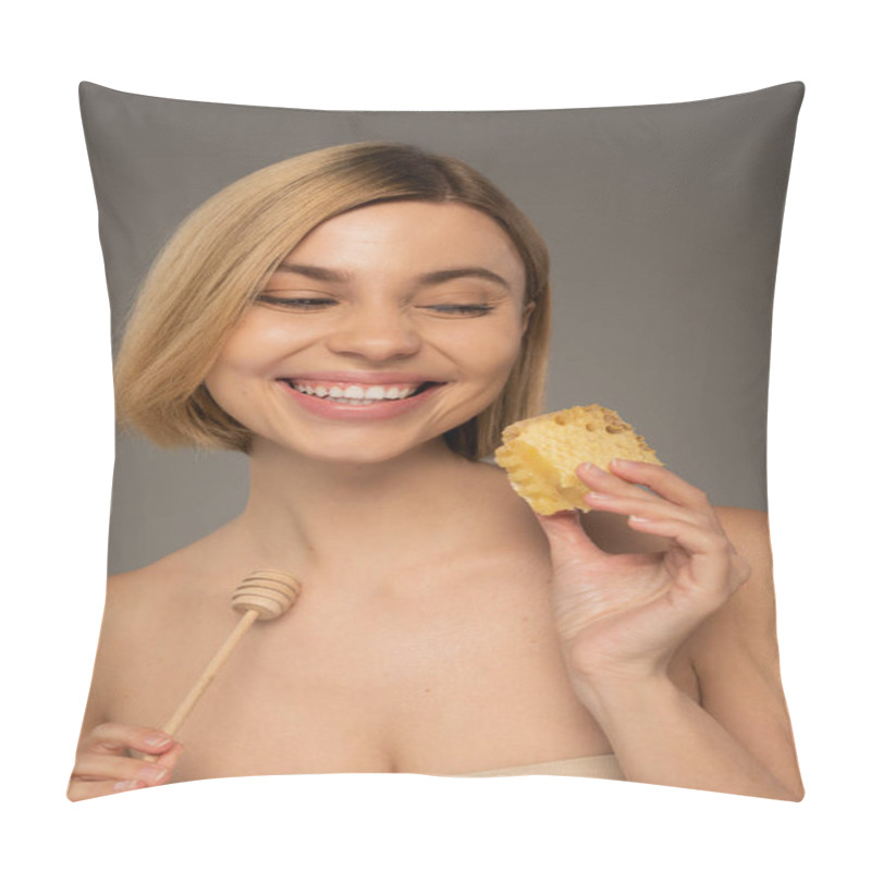 Personality  Pleased Young Woman With Naked Shoulders Holding Sweet Honeycomb And Wooden Dipper Isolated On Grey Pillow Covers