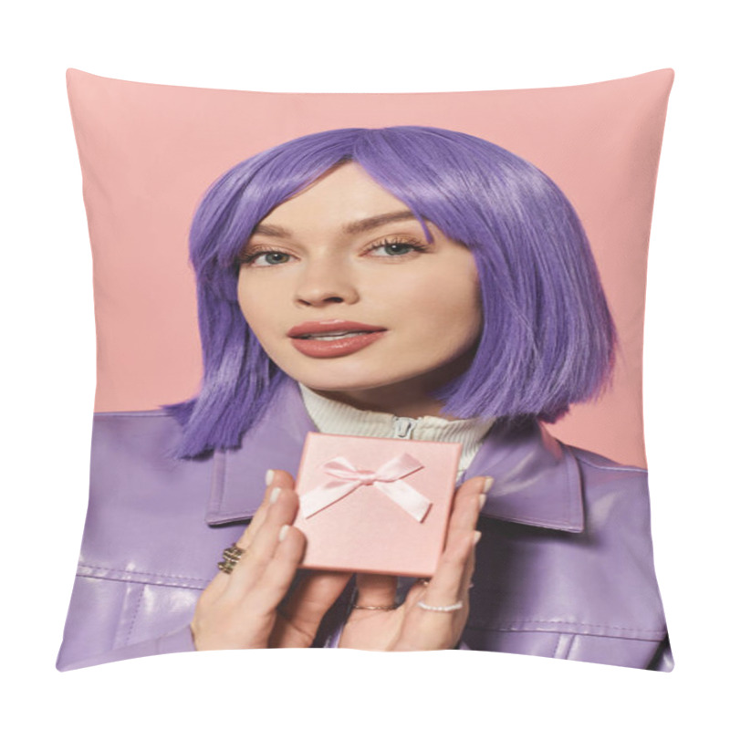 Personality  A Stylish Woman With Purple Hair Smiles Confidently With A Pink Gift Box Against A Pink Backdrop. Pillow Covers