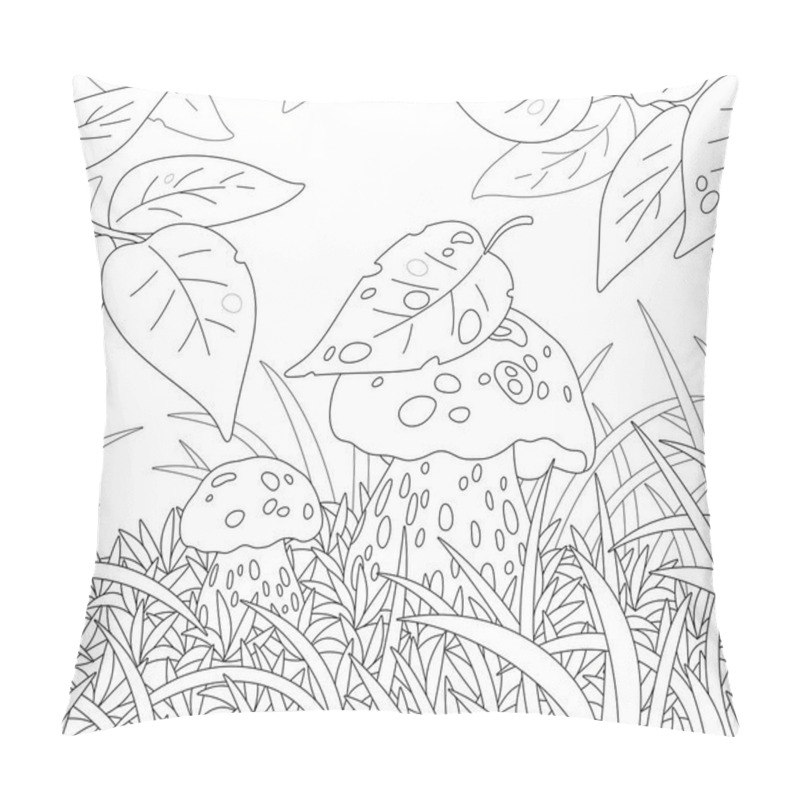 Personality  Two Thick Edible Mushrooms Hiding Under Leaves Among Grass On A Pretty Forest Glade, Black And White Outline Vector Cartoon Illustration For A Coloring Book Page Pillow Covers