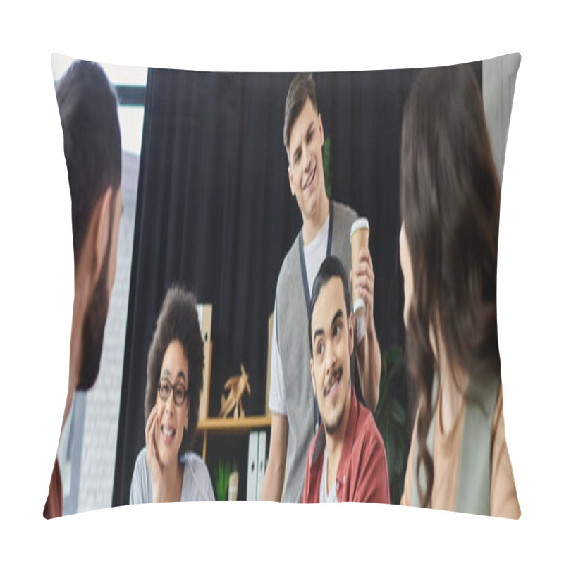 Personality  Colleagues Warmly Engage During A Challenging Transition At The Workplace. Pillow Covers