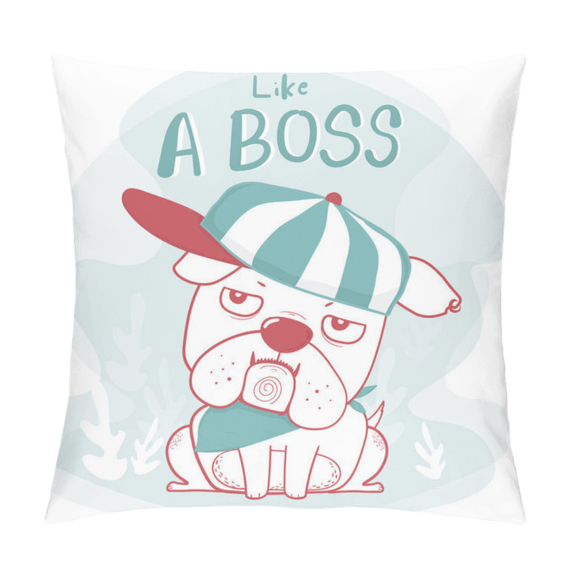 Personality  Cute Doodle Hand Drawing Bulldog Wear Cap Like A Boss Cartoon Flat Vector In Vintage Green And Red Color, Great For Kid, Child, Souvenir Printable Stuff, Greeting Card, Baby Shower And Birthday  Pillow Covers