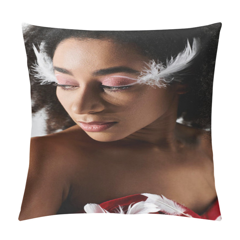 Personality  A Stylish Young Woman Showcases Her Beauty And Flair In A Striking Red Ensemble With Feather Accents. Pillow Covers