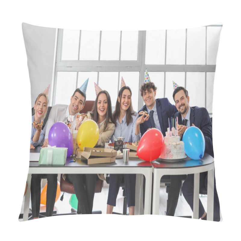 Personality  Group Of Business People Eating Pizza At Birthday Party In Office Pillow Covers