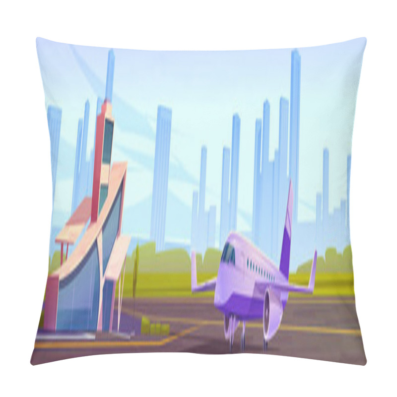 Personality  Small Airport Terminal And Private Jet On Landing Field. Vector Cartoon Panoramic Illustration Of Summer Landscape With Modern Airport Building And Luxury Plane For Vip Passengers On Runway Strip Pillow Covers