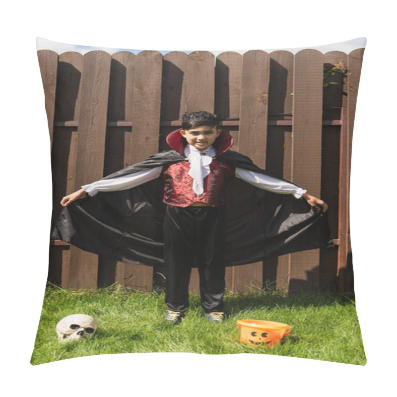 Personality  Full Length Of Asian Boy In Vampire Costume Holding Cloak Near Skull And Halloween Bucket On Grass Pillow Covers