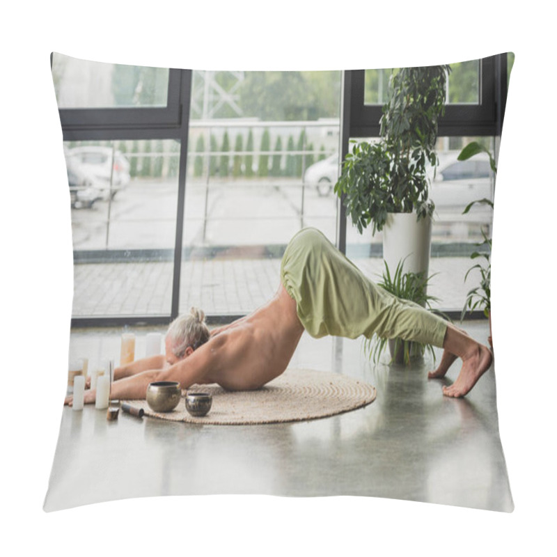 Personality  Side View Of Shirtless Man Stretching Back While Sitting In Thunderbolt Yoga Pose Near Tibetan Singing Bowls  Pillow Covers