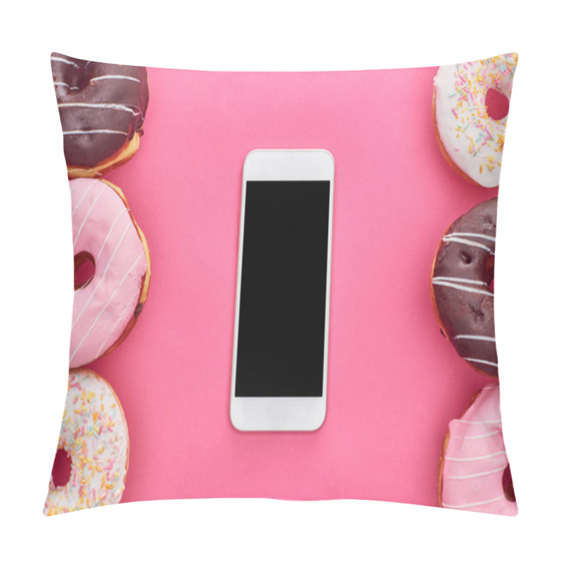 Personality  Top View Of Tasty Glazed Doughnuts And Smartphone With Blank Screen On Bright Pink Background Pillow Covers