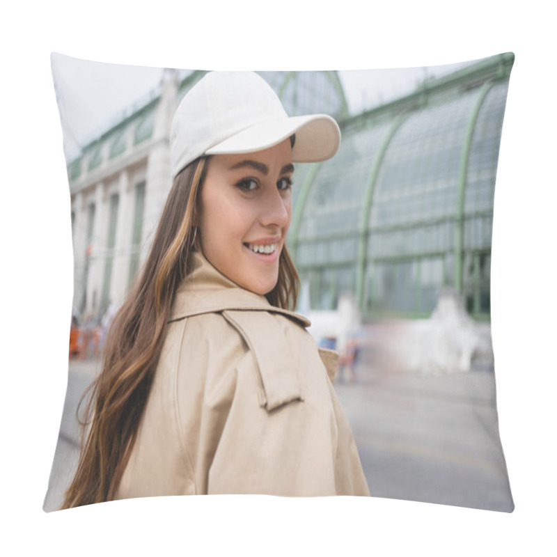 Personality  Happy Young Woman In Beige Trench Coat And Baseball Cap Pillow Covers