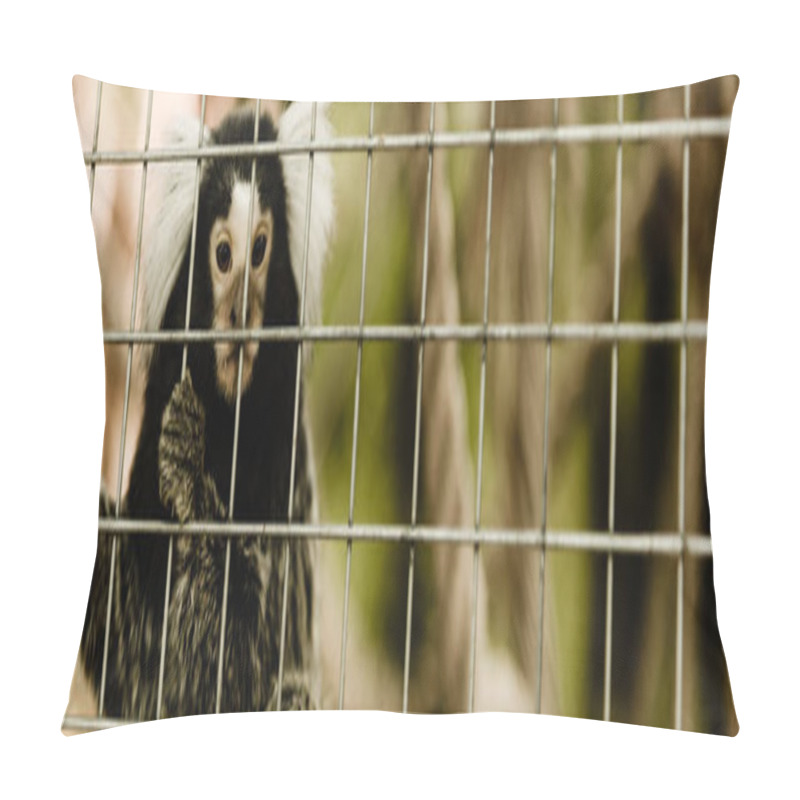 Personality  Panoramic Shot Of Marmoset Monkey Near Cage In Zoo  Pillow Covers