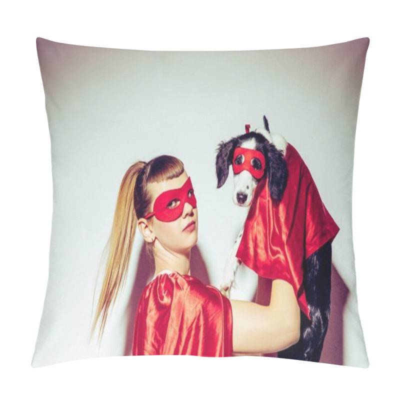 Personality  Side View Of Young Woman And Puppy In Superhero Costumes Pillow Covers