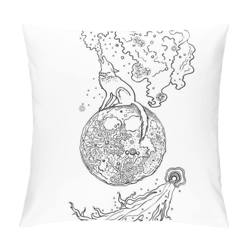 Personality  Howling Wolf Sitting On The Moon Exhales New Galaxy. Space, Stars, Flying Comet. Hand-drawn Vector Illustration Isolated. Line Art, Sketch, Outline, Vintage, Fantasy Cosmic Concept, Coloring Page. Pillow Covers