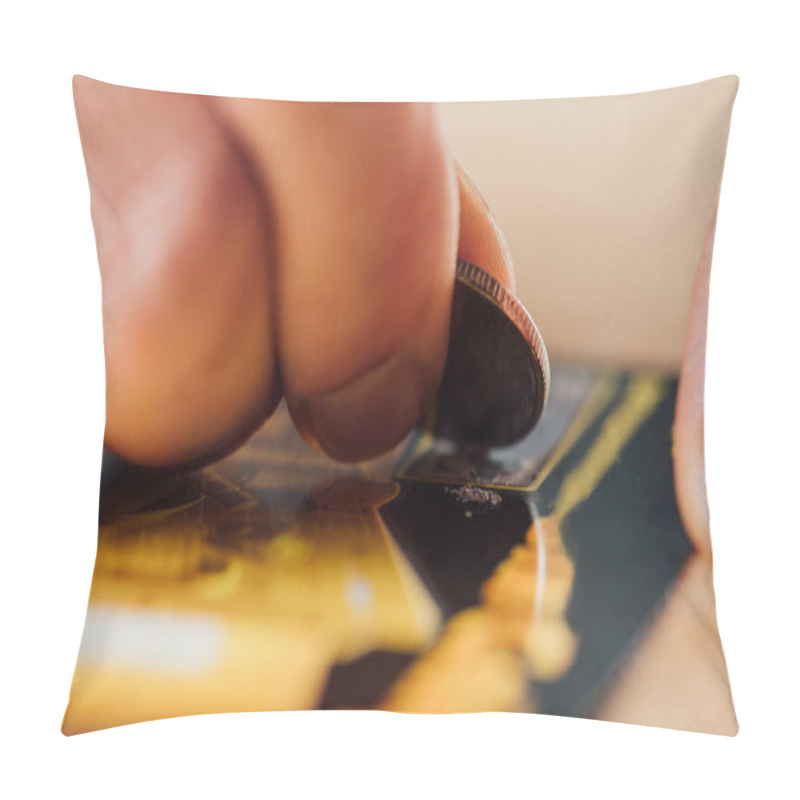 Personality  Selective Focus Of Silver Coin In Hand Of Gambler Scratching Lottery Ticket Pillow Covers