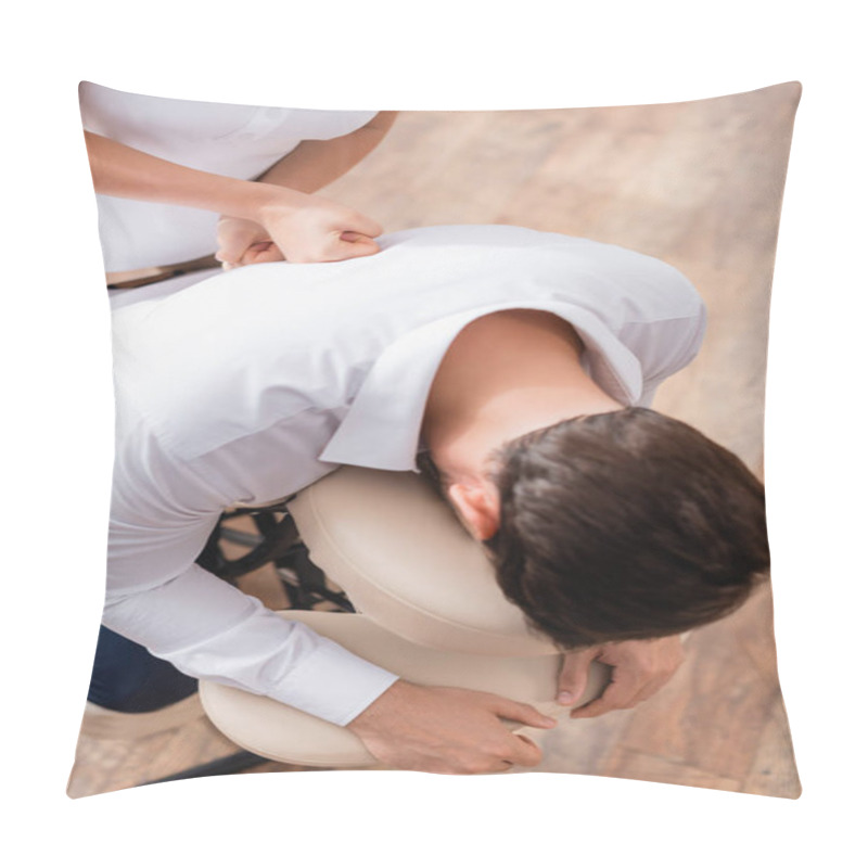 Personality  Overhead View Of Masseuse Doing Seated Massage Of Businessman Back  Pillow Covers