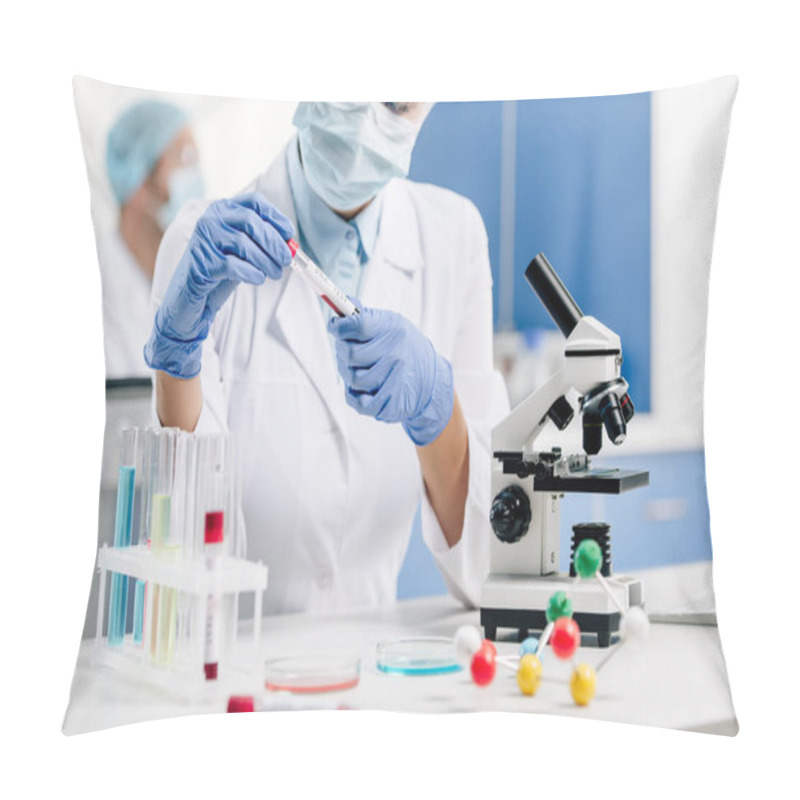 Personality  Cropped View Of Genetic Consultant In White Coat Doing Dna Test In Lab  Pillow Covers