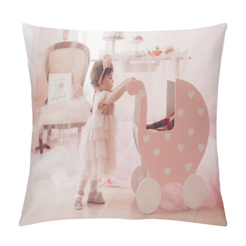 Personality  Beautiful Little Girl In Dress With Baby Carriage Celebrating Birthday Party.  Pillow Covers