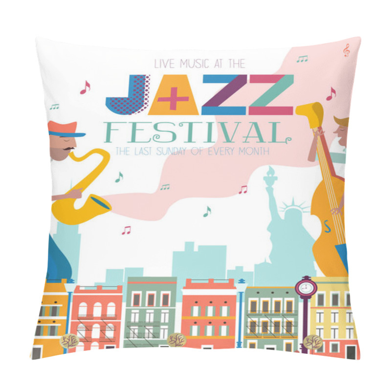 Personality  Jazz Concert Or Festival Poster Template With New York Landscape And Characters Playing Musical Instruments. Editable Vector Illustration Pillow Covers