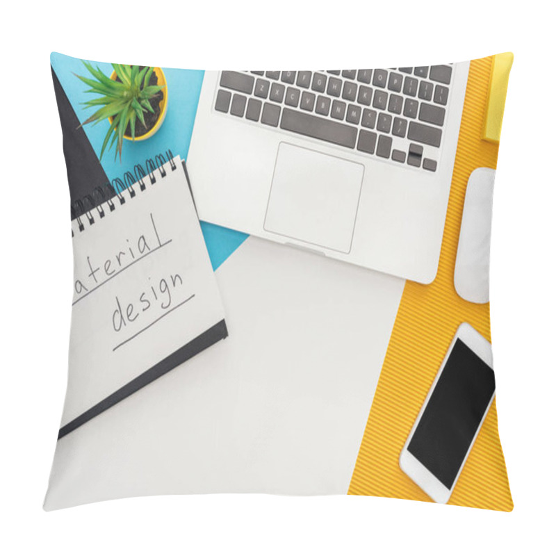 Personality  Top View Of Notepad With Material Design Lettering, Laptop, Computer Mouse, Smartphone, Plant On Abstract Geometric Background Pillow Covers