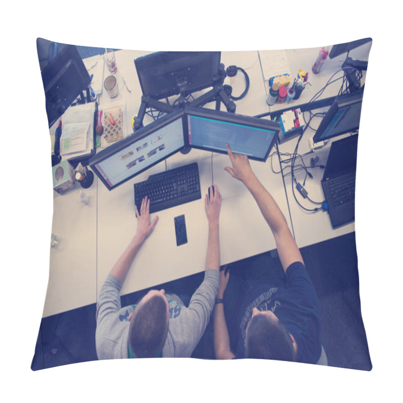 Personality  Top View Of Software Developers Writing Programming Code On Computer Pillow Covers