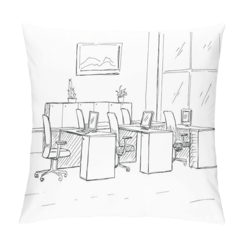 Personality  Open Space Office. Workplaces Outdoors. Tables, Chairs And Windows. Vector Illustration In A Sketch Style. Pillow Covers