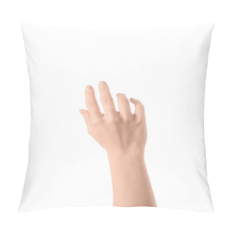 Personality  Cropped View Of Woman Hand Isolated On White Pillow Covers