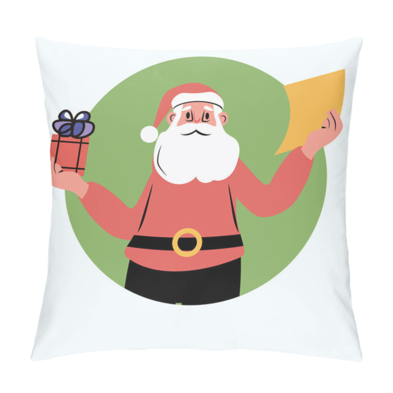 Personality  Santa Claus Holding Gift List Festive Holiday. Cheerful Santa In Red Suit With Present And Paper In Green Circle Background. Perfect For Christmas Designs. Vector Illustration. Pillow Covers