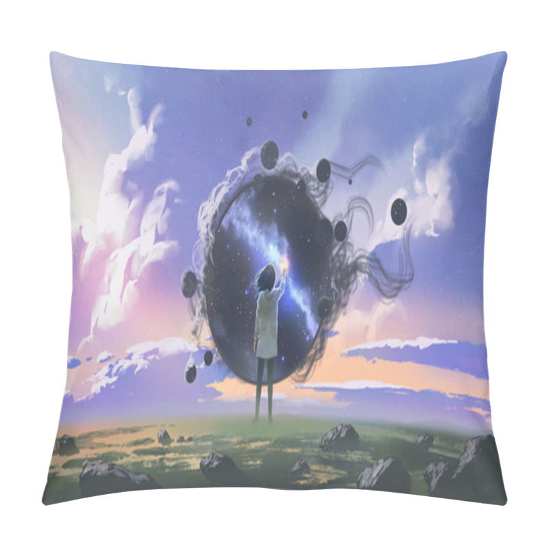 Personality  A Young Girl Standing During The Day Reaching Out To Grab A Star In The Night Dimension, Digital Art Style, Illustration Painting Pillow Covers