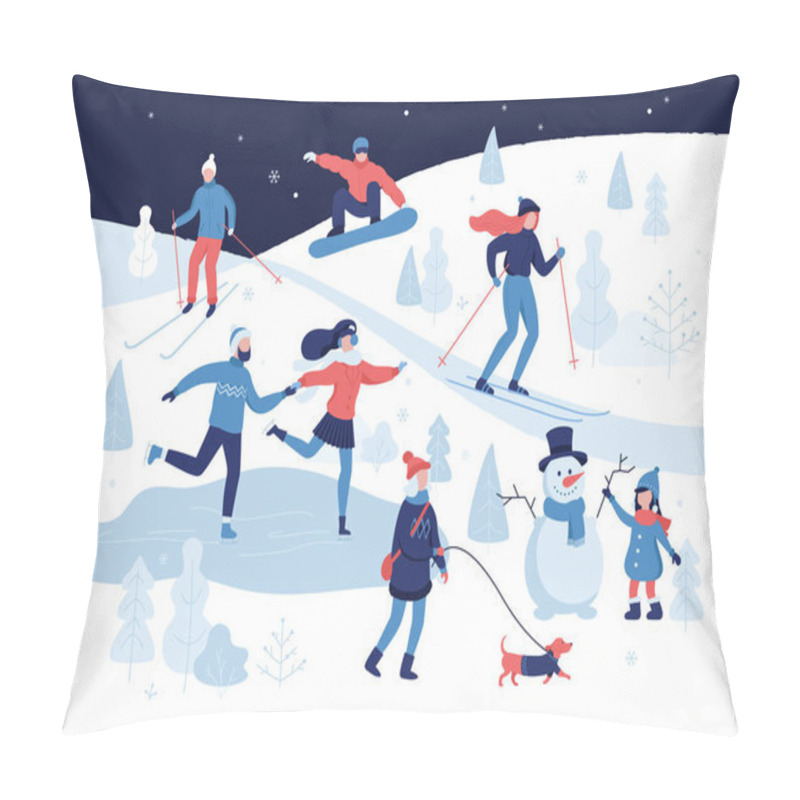 Personality  People Having Winter Activities In Park, Skiing, Skating, Snowboarding, Girl Walking The Dog, Girl Making A Cute Snowman, Cartoon Characters In Flat Design Isolated On White. Vector Illustration. Pillow Covers