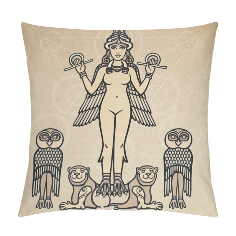 Personality  The Stylized Goddess Ishtar. Background - An Imitation Of Old Paper. Pillow Covers