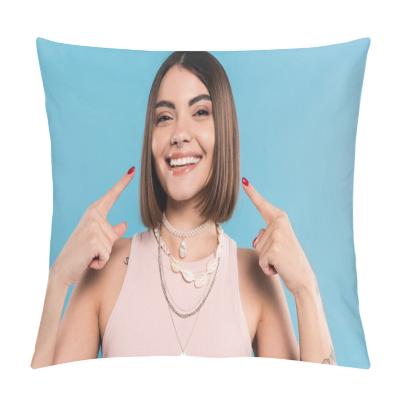 Personality  Excitement, Tattooed Young Woman With Short Brunette Hair In Tank Top Smiling And Pointing At Her Cheeks On Blue Background, Casual Attire, Gen Z Fashion, Happiness, Joyful  Pillow Covers