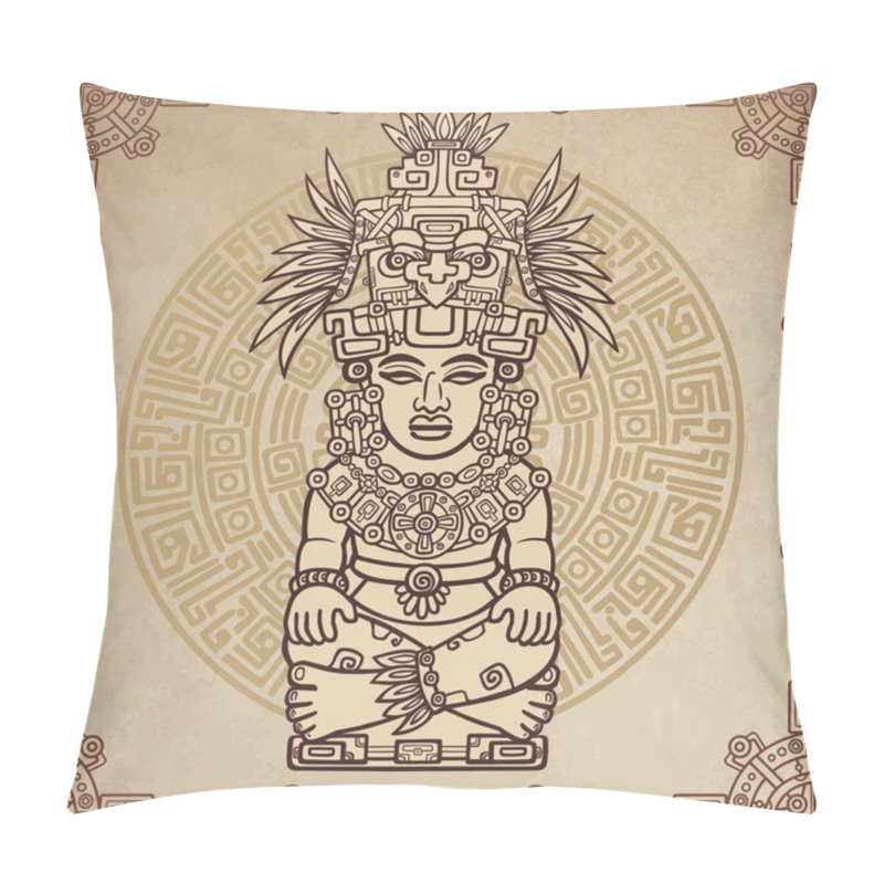 Personality  Linear Drawing: Decorative Image Of An Ancient Indian Deity. Magic Circle. A Background - Imitation Of Old Paper. Vector Illustration. Pillow Covers