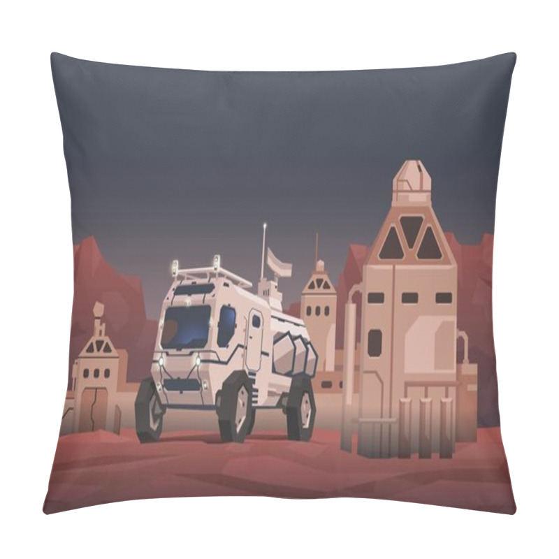 Personality  Mars Rover Vehicle And Space Colony On Extraterrestrial Landscape Background. Space Travelling Concept. Flat Vector Illustration. Horizontal. Pillow Covers