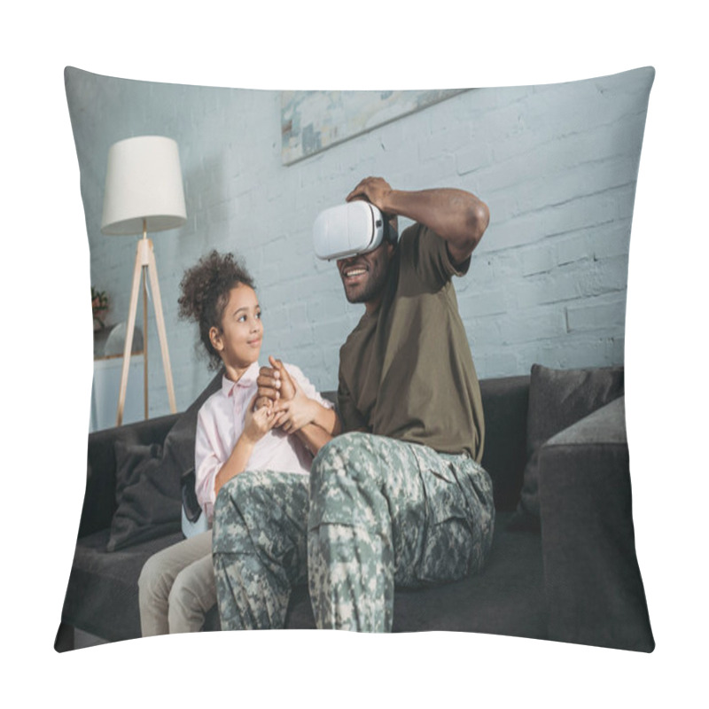 Personality  Father In Army Uniform With African American Daughter Using Vr Glasses Pillow Covers