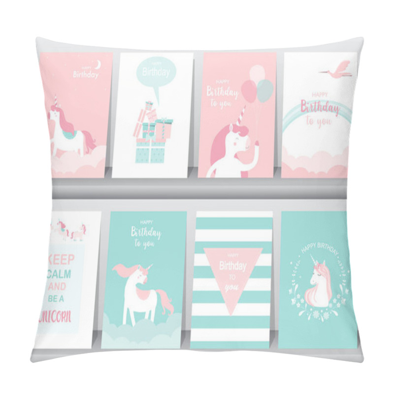 Personality  Set Of Birthday Cards,poster,invitations, Cards,template,greeting Cards,animals,unicorn,fantasy,magic,cloud,Vector Illustrations Pillow Covers