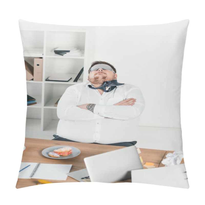 Personality  Fat Businessman In Sleeping Mask Relaxing At Workplace Pillow Covers