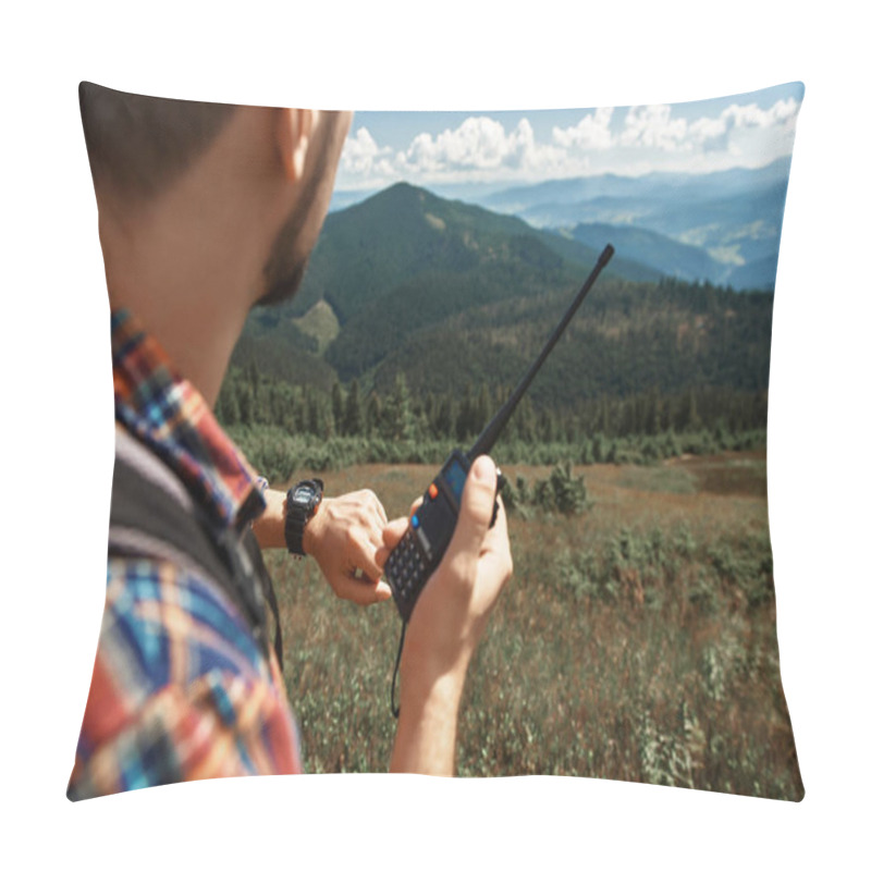 Personality  Man Is Using Watch And Radio In Mountains Pillow Covers