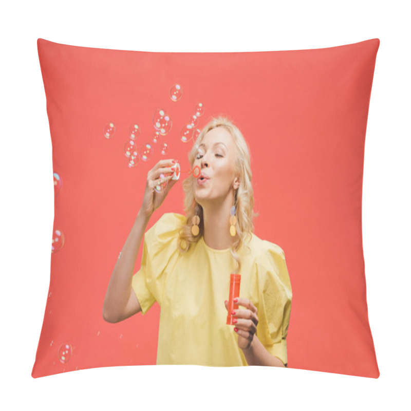 Personality  Cheerful Blonde Woman Blowing Soap Bubbles On Red  Pillow Covers