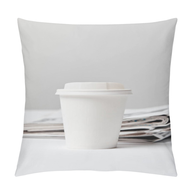 Personality  Selective Focus Of Paper Cup Near Newspapers On Grey  Pillow Covers