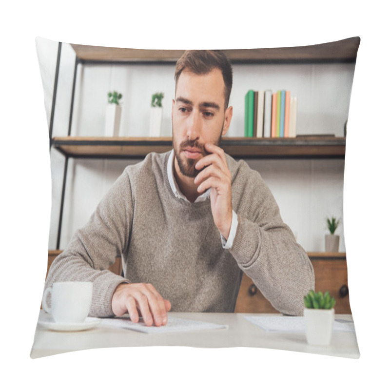 Personality  Pensive Blind Man Reading At Table Beside Coffee Cup Pillow Covers