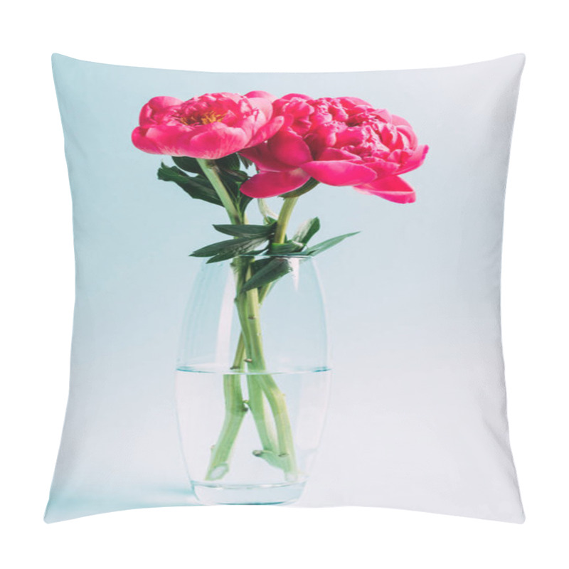 Personality  Bouquet Of Pink Peonies In Glass Vase On Blue Background Pillow Covers