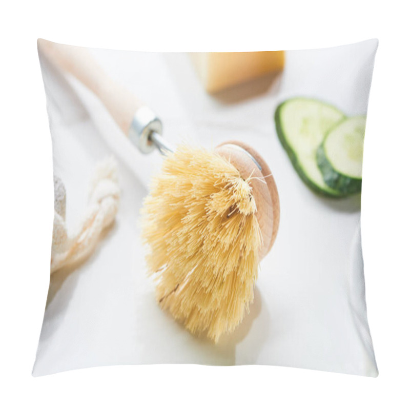 Personality  Close Up View Of Body Brush Near Cucumber Slices On White Surface Pillow Covers