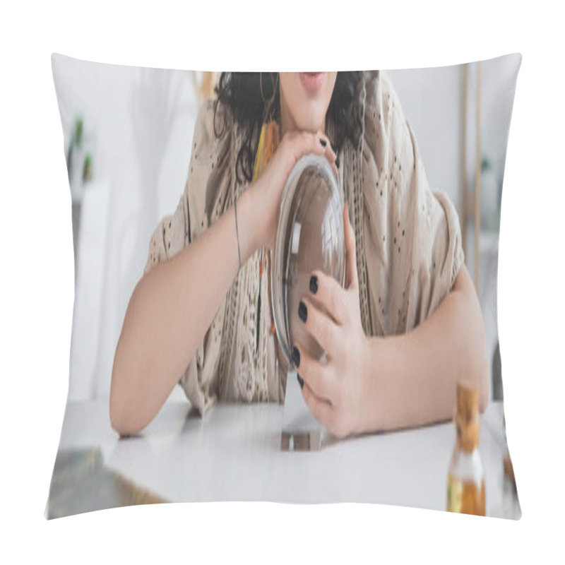 Personality  Cropped View Of Soothsayer Touching Glass Orb At Home, Banner  Pillow Covers