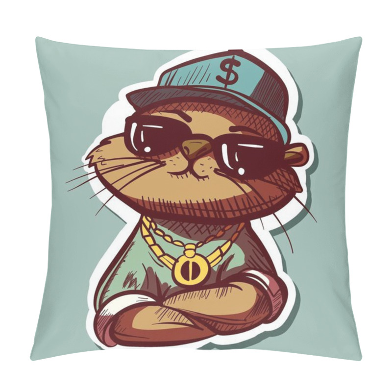 Personality  Digital Art Of A Cool Thug Otter With A Gold Chain, Clothes And A Hiphop Hat. Graffiti Sticker Of A Weasel With Sunglasses. Pillow Covers