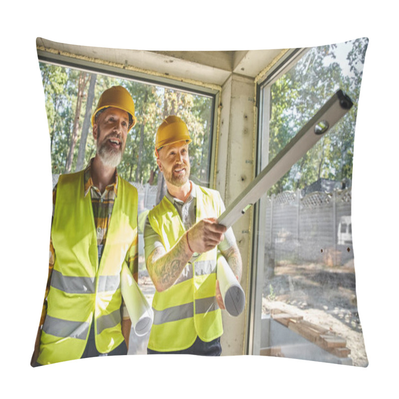 Personality  Joyful Construction Workers In Safety Vests With Blueprints And Level Looking Away, Builders Pillow Covers