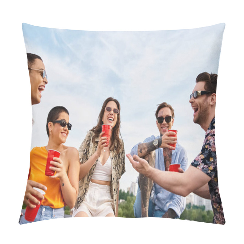 Personality  Joyous Good Looking Diverse Friends In Vibrant Attires Spending Time Together At Rooftop Party Pillow Covers