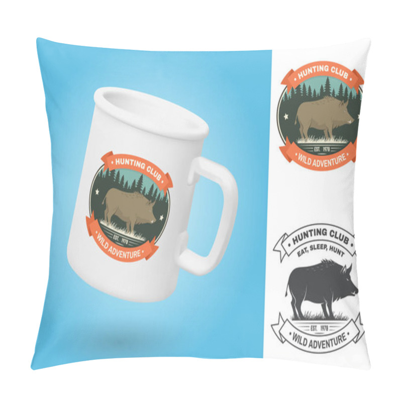 Personality  White Camping Cup. Realistic Mug Mockup Template With Sample Design. Hunting Club Badge, Patch. Eat, Sleep, Hunt. Vector. Vintage Typography Design With Boar Silhouette. Outdoor Adventure Hunt Club Pillow Covers