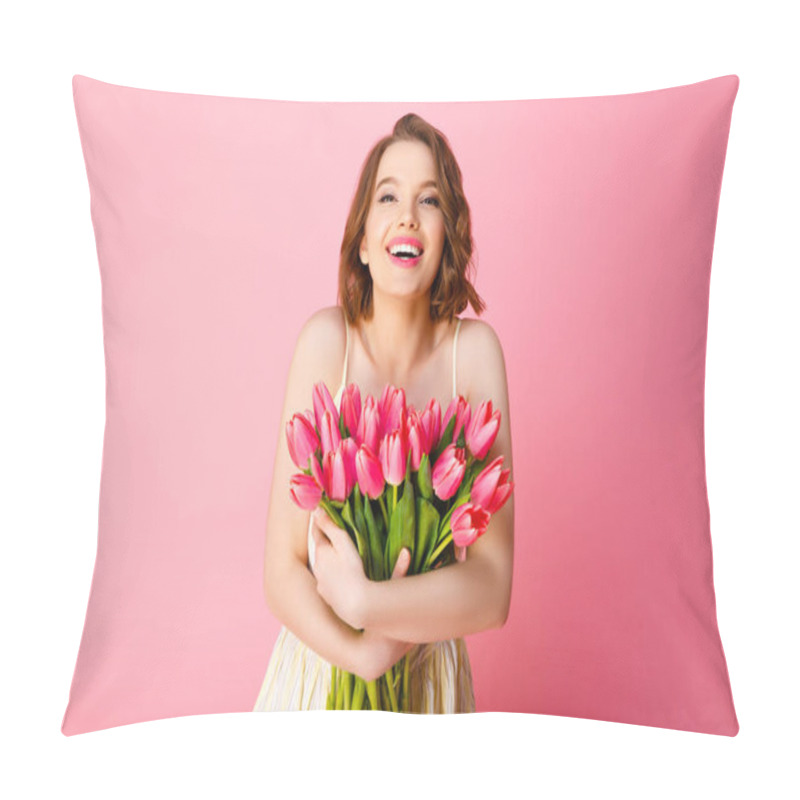 Personality  Portrait Of Happy Woman In White Dress With Bouquet Of Spring Tulips Isolated On Pink Pillow Covers