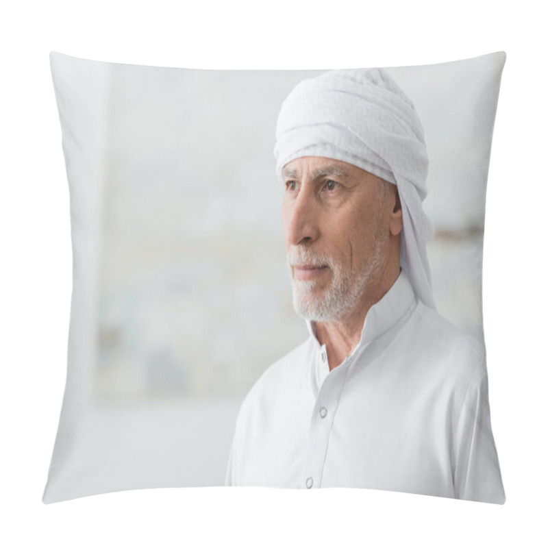 Personality  Middle Aged Mislim Man In White Turban Looking Away At Home Pillow Covers