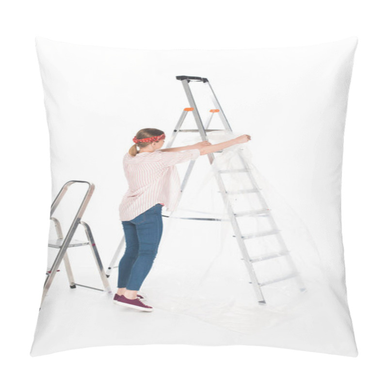 Personality  Rear View Of Woman In Headband Taking Off Polyethylene Cover From Ladder Isolated On White Background  Pillow Covers