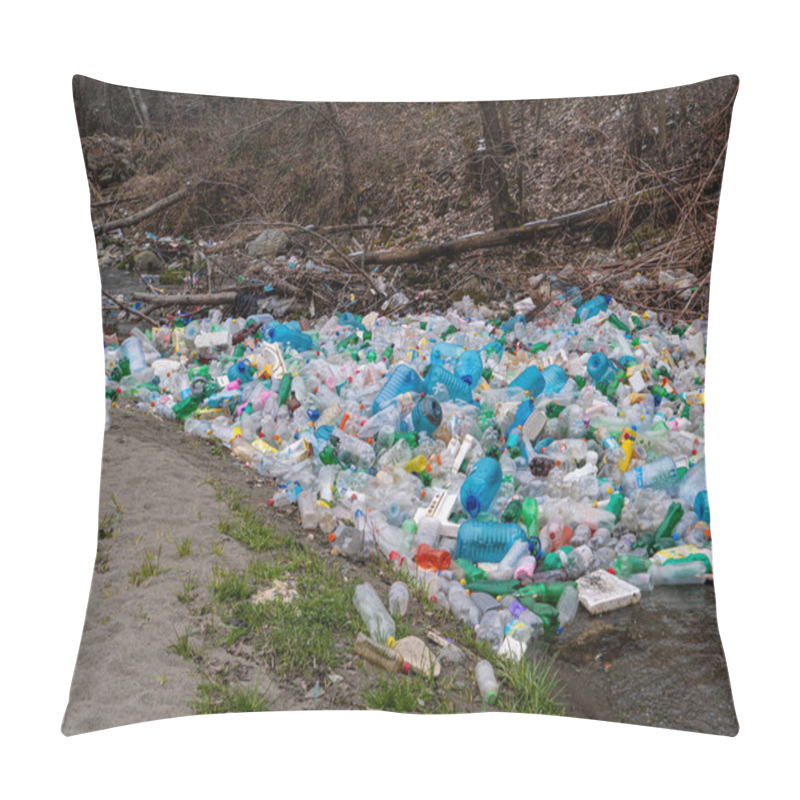 Personality  CLOSE UP: Enormous Pile Of Various Plastic Bottles Floating Trapped In A Branch. Sad View Of Polluted River With Thrown Plastic Garbage. Numerous Accumulated Plastic Bottles Floating On River Surface Pillow Covers