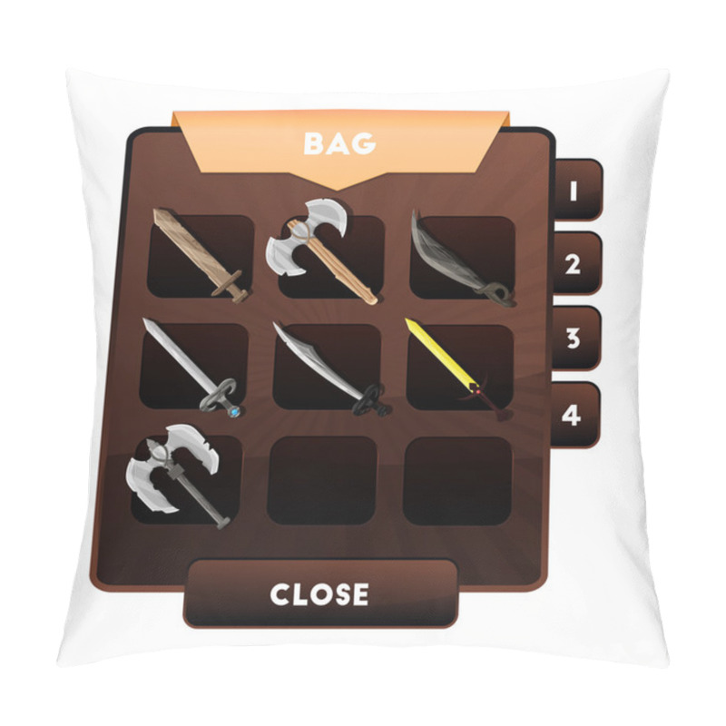 Personality  An Example Of The Game Window With The Choice Of Weapons Or Other Objects And Resources In A Backpack For Computer Games. 's Bag Of Artifacts.  Pillow Covers